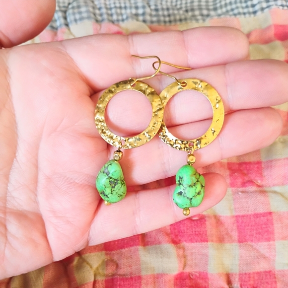 Hammered Green Turquoise Earrings - Picture 3 of 3